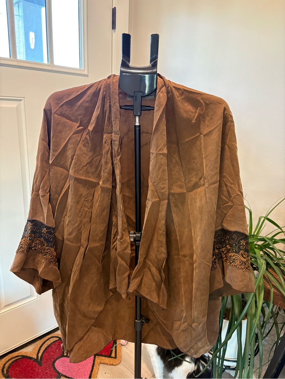 Embroidered Cuff Open-Front Cape in Brown